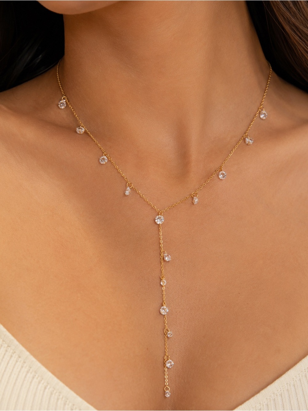 Gold Y-Drop Necklace with Sparkling Crystal Drops